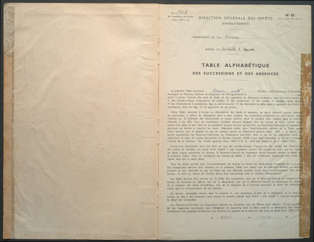 Table des successions et absences du bureau d'Amiens