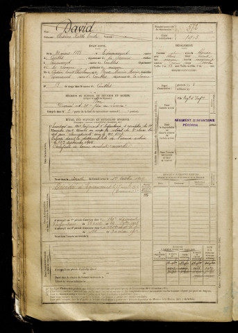 David, Antoine Fidèle Emile, né le 29 mars 1883 à Équancourt (Somme), classe 1903, matricule n° 572, Bureau de recrutement de Péronne