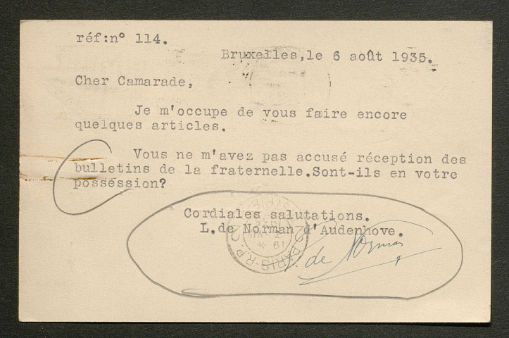 Témoignage de De Norman, L. et correspondance avec Jacques Péricard