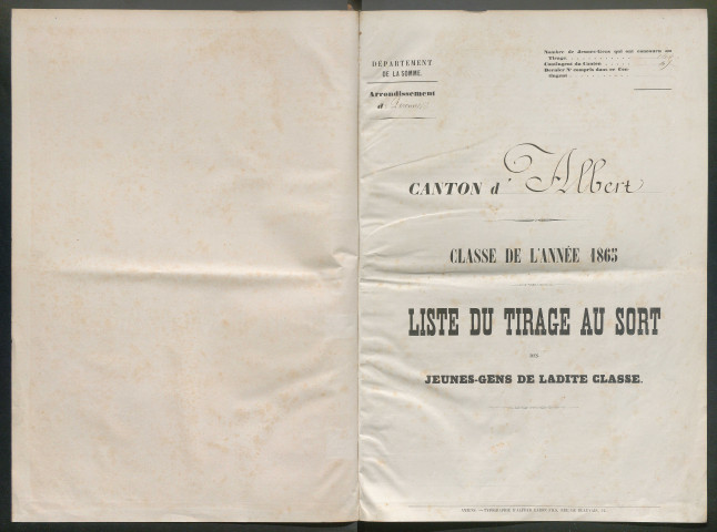 Tirage au sort (arrondissement de Péronne) de l'année 1865