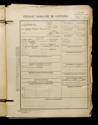 Darras, Georges Maxime Fernand, né le 30 juillet 1891 à Guillemont (Somme), classe 1911, matricule n° 1031, Bureau de recrutement de Péronne