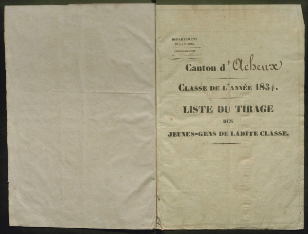Tirage au sort (arrondissement de Montdidier et de Doullens) de l'année 1834