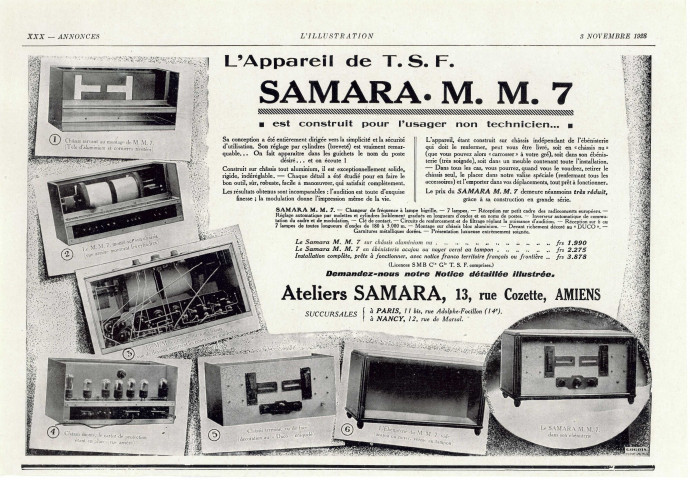 L'appareil de T.S.F. SAMARA. M. M. 7 est construit pour l'usager non technicien [...]. Ateliers SAMARA, 13 rue Cozette, Amiens