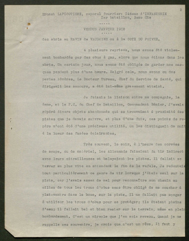 Témoignage de Lapicotière, Ernest (Caporal fourrier) et correspondance avec Jacques Péricard