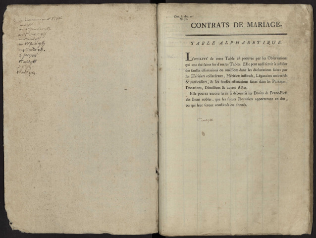 Table du bureau d'Andainville pour la période 1786-1789. Contrats de mariage