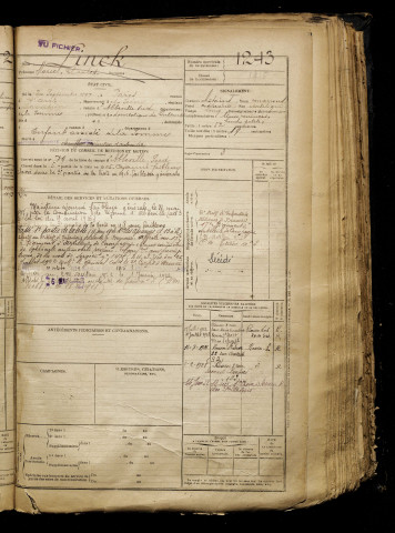 Linck, Marcel Charles, né le 20 septembre 1897 à Paris 14e Arrondissement (Paris), classe 1917, matricule n° 1243, Bureau de recrutement d'Abbeville