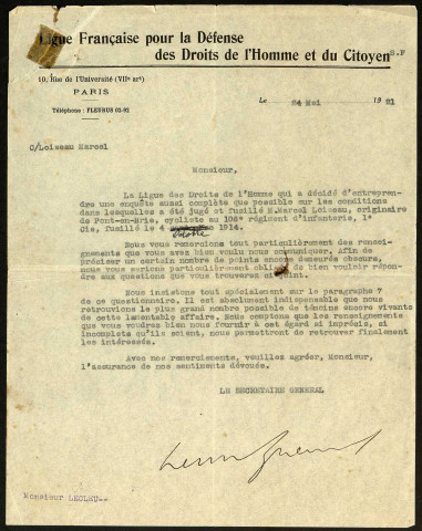 Correspondance échangée entre la Ligue Française des Droits de l'Homme et du Citoyen et Lucien Leclerc dans le but de constituer un dossier pour la réhabilitation du soldat Marcel Loiseau fusillé le 14 octobre 1914