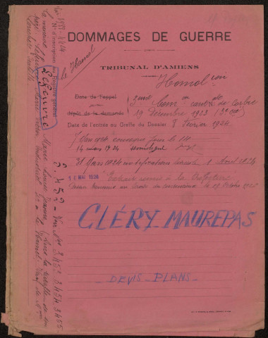 Cléry-sur-Somme. Demande d'indemnisation des dommages de guerre : dossier Lefeuvre