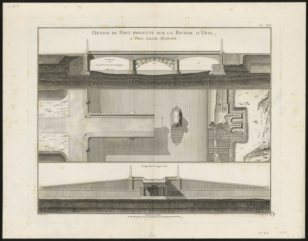 Pl. XXX. Dessin du Pont projeté sur la rivière d'Oise à Pont-Sainte-Maxence