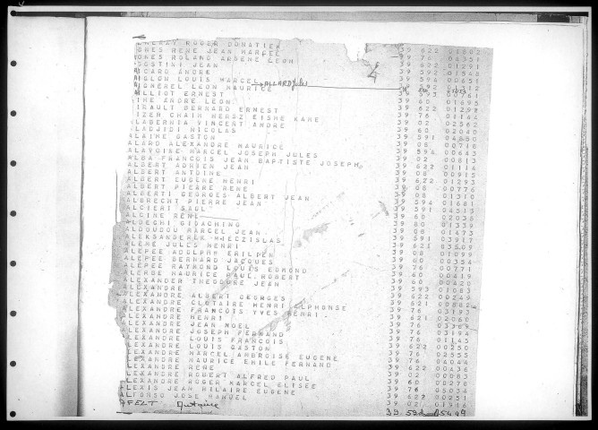 Table alphabétique du contingent 1939 - lettres A à C : bureaux de recrutement de la Deuxième Région Militaire (Départements du Nord, du Pas de Calais, de l'Aisne, de l'Oise, de la Somme, de l'Eure et de la Seine-Maritime)
