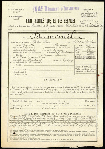 Dumesnil, Altidor Olivier, né le 2 juin 1892 à Fourdrinoy (Somme), classe 1912, matricule n° 1166, Bureau de recrutement d'Amiens