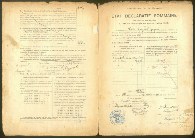 Cléry-sur-Somme. Demande d'indemnisation des dommages de guerre : dossier Ringeval-Cadet