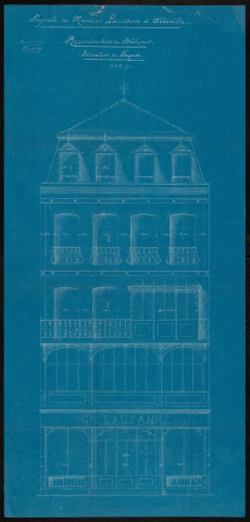 Propriété de Monsieur Charles Lauzanne à Abbeville. Projet de reconstruction d'un bâtiment : commerce de quincaillerie - chaudronnerie surmonté d'un logement d'habitation. Élévation façade, commande n° 145, plan n° 189