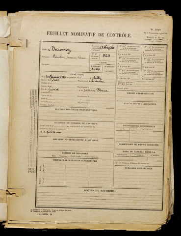 Ducorroy, Emilien Maurice Léonce, né le 28 janvier 1884 à Tully (Somme), classe 1904, matricule n° 523, Bureau de recrutement d'Abbeville