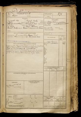 Delacroix, Maurice, né le 20 août 1899 à Tincourt-Boucly (Somme), classe 1919, matricule n° 871, Bureau de recrutement de Péronne