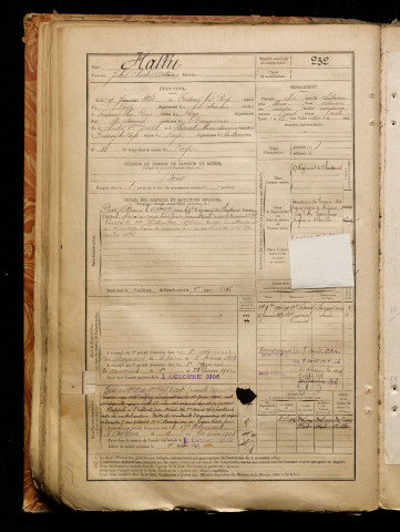 Hallu, Jules Charles Octave, né le 09 janvier 1872 à Fresnoy-lès-Roye (Somme), classe 1892, matricule n° 232, Bureau de recrutement de Péronne
