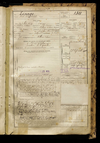 Lesage, Moïse Charles Modeste, né le 21 juillet 1879 à Pissy (Somme), classe 1899, matricule n° 1311, Bureau de recrutement d'Amiens