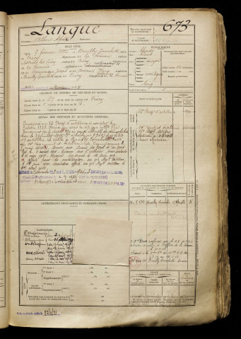 Langue, Albert Alfred, né le 03 février 1892 à Brailly-Cornehotte (Somme), classe 1912, matricule n° 673, Bureau de recrutement d'Abbeville