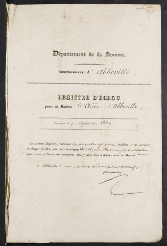 Maison d'arrêt d'Abbeville. Prévenus, condamnés et détenus. Registre d'écrou : numéros 1 à 861. 11 septembre 1839 - 17 décembre 1841
