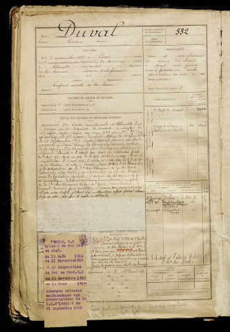 Duval, Lucien, né le 06 novembre 1887 à Paris 17e Arrondissement (Paris), classe 1907, matricule n° 532, Bureau de recrutement d'Abbeville