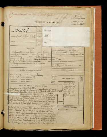 Moitié, Marcel Alfred Achille, né le 02 juin 1897 à Quesne (Le) (Somme), classe 1917, matricule n° 195, Bureau de recrutement d'Amiens