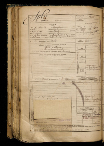 Joly, Henri Amédée, né le 27 février 1871 à Oust-Marest (Somme), classe 1891, matricule n° 996, Bureau de recrutement d'Abbeville