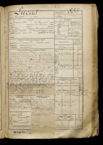 Lucas, Georges, né le 01 août 1892 à Hallencourt (Somme), classe 1912, matricule n° 855, Bureau de recrutement d'Abbeville