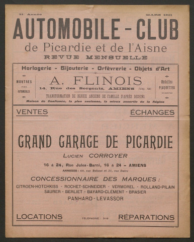 Automobile-club de Picardie et de l'Aisne. Revue mensuelle, 11e année, mars 1921
