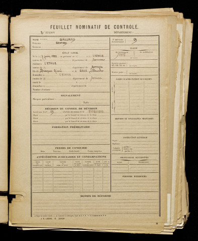 Galland, Georges, né le 07 juin 1898 à Étoile (L') (Somme), classe 1918, matricule n° 69, Bureau de recrutement d'Amiens