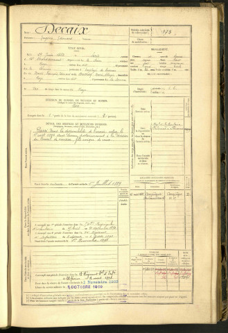 Decaix, Eugène Edouard, né le 29 juin 1863 à Paris (capitale, France), classe 1883, matricule n° 173, Bureau de recrutement de Péronne