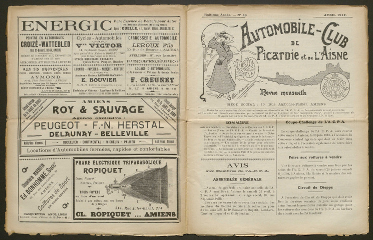 Automobile-club de Picardie et de l'Aisne. Revue mensuelle, 8e année, avril 1912