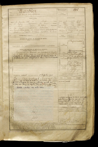 Barbier, Ernest Marcel Julien Alfred, né le 03 novembre 1885 à Arrest (Somme), classe 1905, matricule n° 526, Bureau de recrutement d'Abbeville
