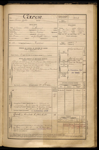 Caron, Lucien Zéphir, né le 08 janvier 1868 à Maucourt (Somme), classe 1888, matricule n° 904, Bureau de recrutement de Péronne