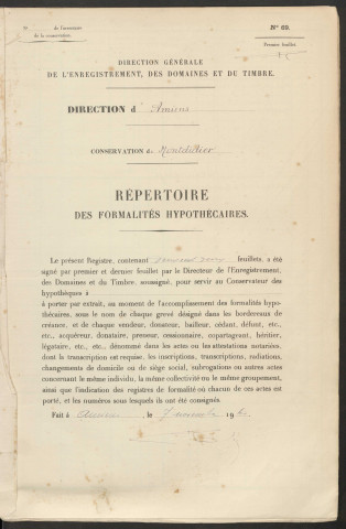 Répertoire des formalités hypothécaires, du 10/08/1943 au 13/03/1944, registre n° 009 (Conservation des hypothèques de Montdidier)