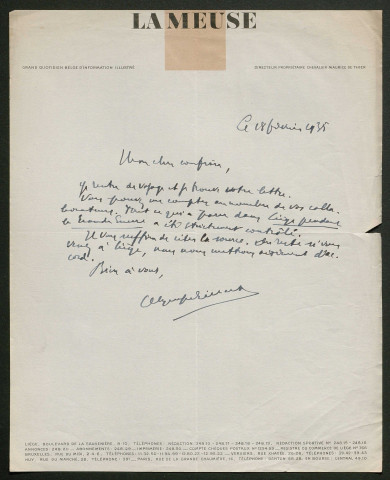 Témoignage de Gilbart, Olympe (Rédacteur en chef du journal "La Meuse" à Liège) et correspondance avec Jacques Péricard