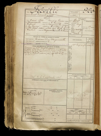 Fréville, Ernest François Joseph, né le 09 mai 1892 à Tours-en-Vimeu (Somme), classe 1912, matricule n° 920, Bureau de recrutement d'Abbeville