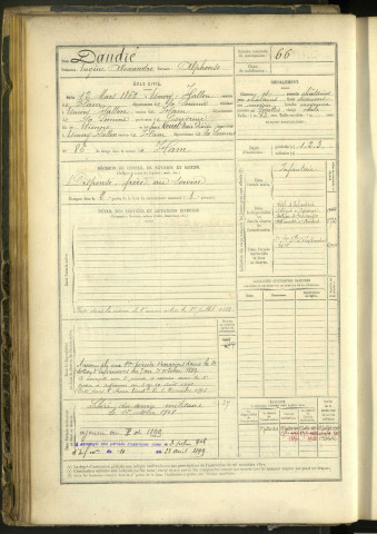 Daudré, Eugène Alexandre, né le 12 mars 1862 à Esmery-Hallon (Somme, France), classe 1882, matricule n° 66, Bureau de recrutement de Péronne