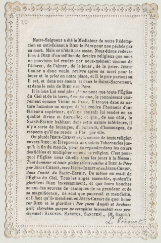 Image pieuse dentelle. Jésus Christ Médiateur de notre Religion envers Dieu le Père. Consécration du pain et du vin