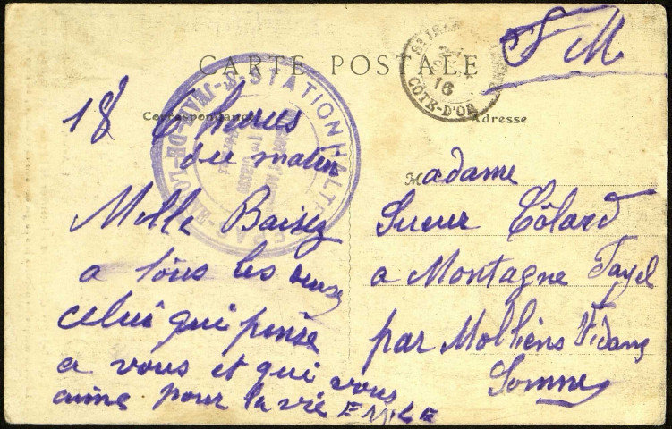 Carte postale "Saint-Jean-de-Losne - Intérieur de l'église- le Maître d'Autel" adressée par Emile Sueur (1886-1948) à Julienne Colard (1887-1974)