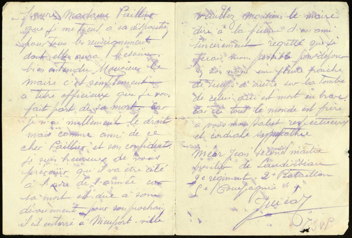 Lettre de Jean Méar, camarade de tranchée de Jean-Marie Pailler, adressée au maire de Carantec (Finistère)