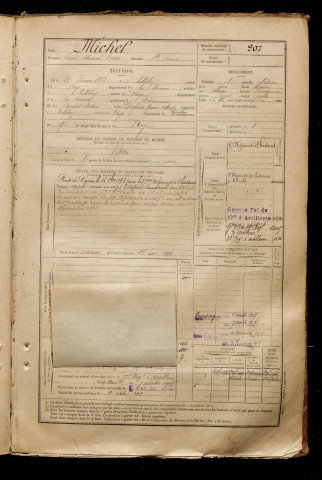 Michel, Louis Edouard Marie, né le 27 février 1872 à Tilloloy (Somme), classe 1892, matricule n° 207, Bureau de recrutement de Péronne