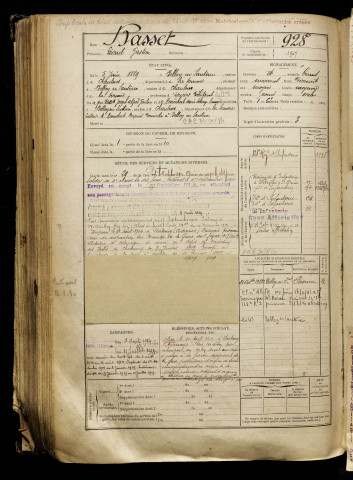 Basset, Léonel Gaston, né le 05 juin 1889 à Belloy-en-Santerre (Somme), classe 1909, matricule n° 928, Bureau de recrutement de Péronne