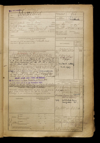 Wattebled, Maurice Gustave, né le 23 septembre 1901 à Iwuy (Nord), classe 1921, matricule n° 115, Bureau de recrutement d'Abbeville