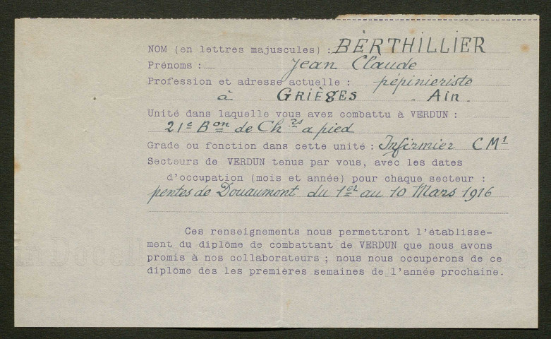 Témoignage de Berthillier, Jean-Claude et correspondance avec Jacques Péricard