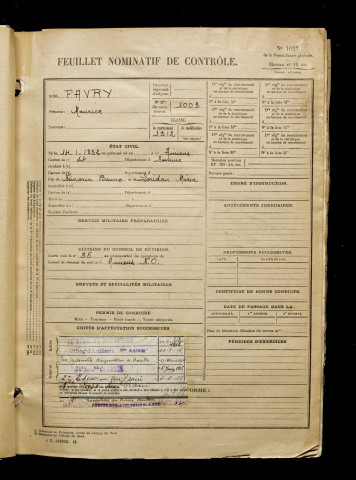 Favry, Maurice, né le 14 janvier 1892 à Amiens (Somme), classe 1912, matricule n° 1003, Bureau de recrutement d'Amiens