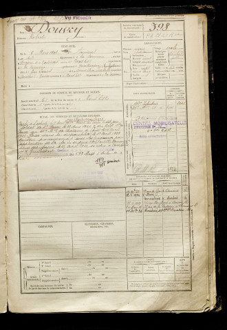 Douvry, Robert, né le 06 mars 1901 à Amiens (Somme), classe 1921, matricule n° 398, Bureau de recrutement d'Amiens