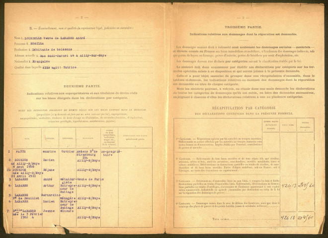 Ailly-sur-Noye. Demande d'indemnisation des dommages de guerre : dossier Labarre-Lourdelle