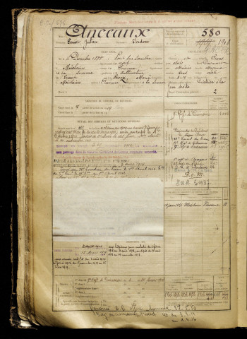 Anceaux, Ernest Julien, né le 04 décembre 1888 à Pont-sur-Sambre (Nord), classe 1908, matricule n° 580, Bureau de recrutement de Péronne