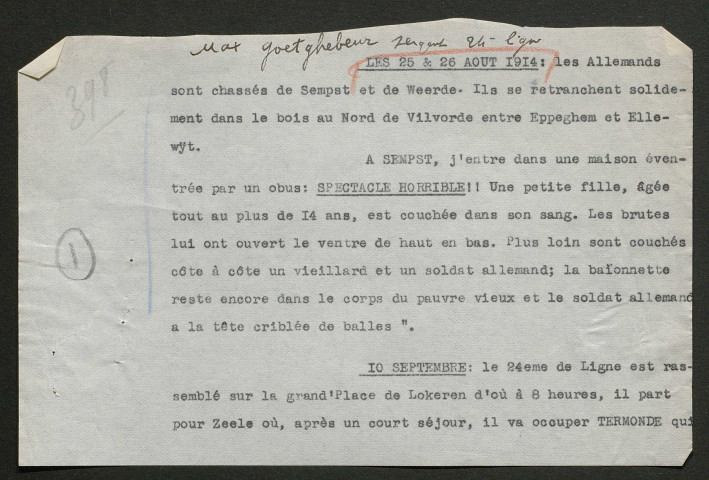 Témoignage de Goetghebeur, Max (Sergent) et correspondance avec Jacques Péricard
