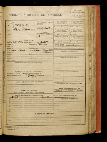 Gouard, Henri Pierre Louis, né le 30 septembre 1892 à Ault (Somme), classe 1912, matricule n° 1215, Bureau de recrutement d'Abbeville